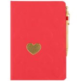 Notebook rood met hartjes en gouden pen gelijnd - Notitieboek A5 met 80 vel lijn van binnen