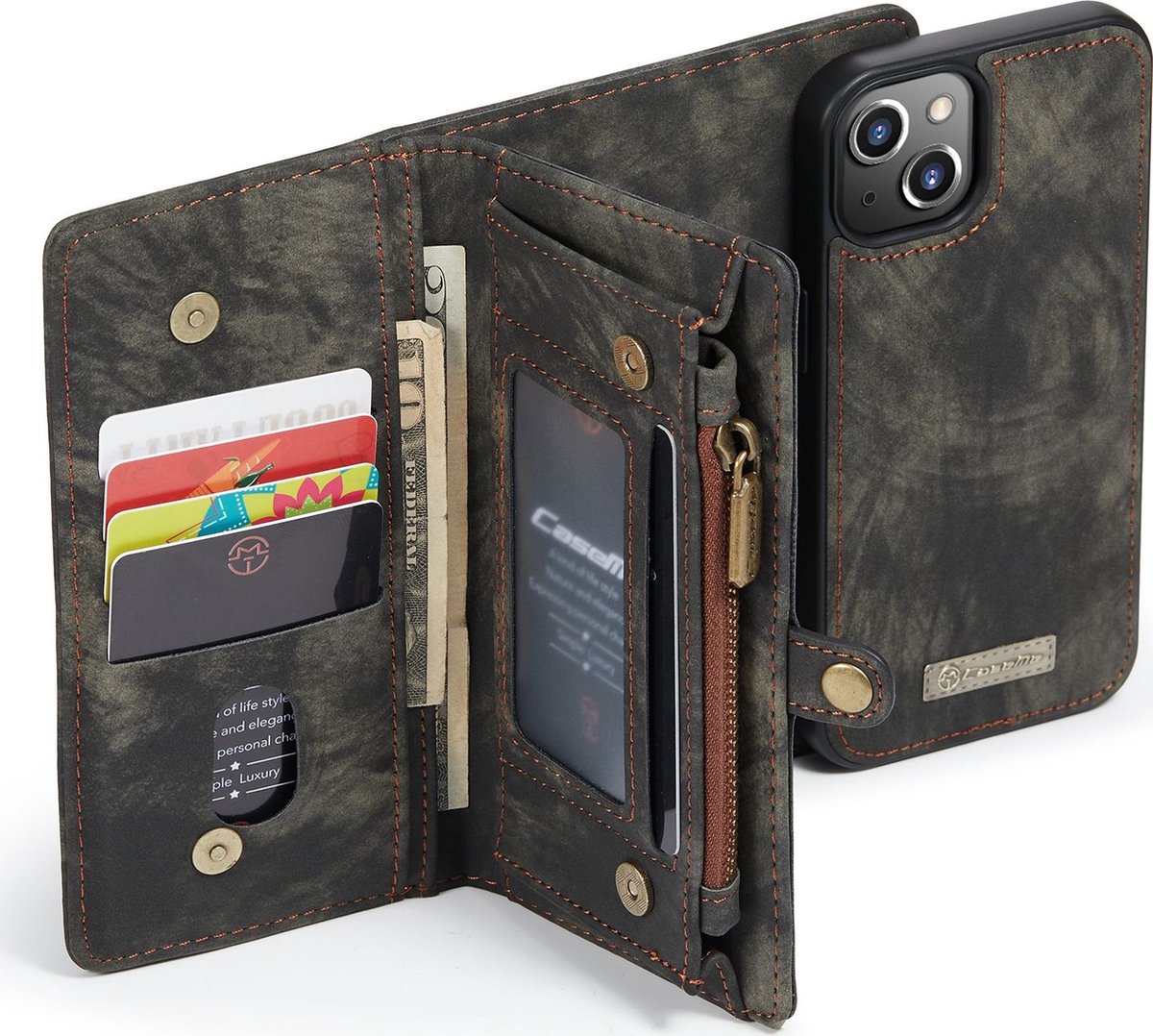 CaseMe voor iPhone SE & 5s & 5 multifunctionele lederen Billfold met afneembare magnetische PC beschermende hoes & 13 Card Slots & 1 foto Frames & 1 rits portemonnee & 2 magnetische slotjes & Holder(Brown)