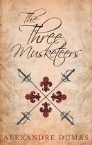 Boekhoes van 'The Three Musketeers' door Alexandre Dumas, met gekruiste zwaarden en rode fleur-de-lis op een perkamentachtige achtergrond.