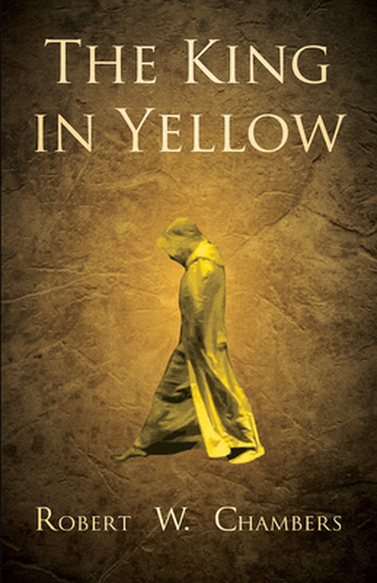 The King in Yellow. Une silhouette drapée dans une robe jaune à capuche, marchant vers la gauche. Par Robert W. Chambers.