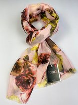 Sjaal met pioenrozen en kleuren van 30% zijde met 70 % viscose van dun materiaal