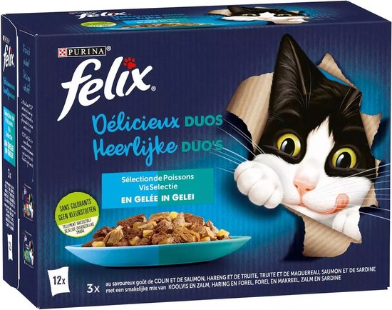 Felix: Heerlijke Duo's Visselectie in Gelei verpakking. Een zwart-witte kat kijkt door een gat in de verpakking. 12x85g.