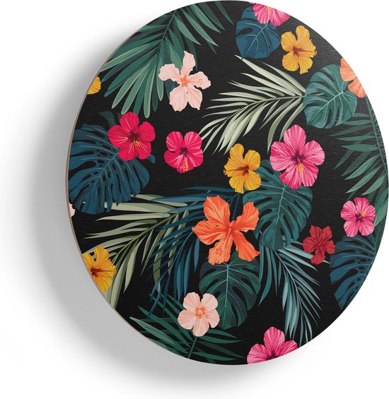 Artaza Houten Muurcirkel - Getekende Tropische Bloemen - Abstract - Ø 80 cm - Groot - Multiplex Wandcirkel - Rond Schilderij