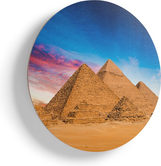 Artaza Houten Muurcirkel - Egyptische Piramides bij Zonsondergang - Ø 85 cm - Groot - Multiplex Wandcirkel - Rond Schilderij