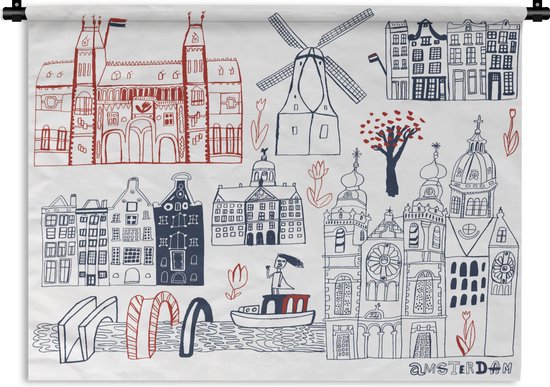 Wandkleed Amsterdam illustratie - Illustratie van gebouwen in Amsterdam Wandkleed katoen 60x45 cm - Wandtapijt met foto