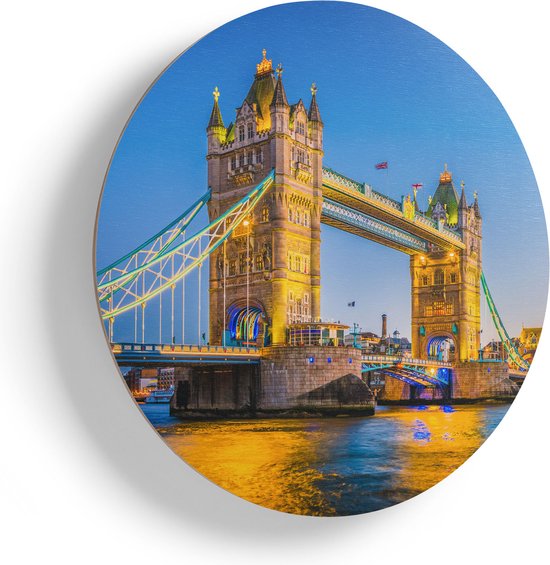 Artaza Houten Muurcirkel - Tower Bridge in Londen met Verlichting - Ø 50 cm - Klein - Multiplex Wandcirkel - Rond Schilderij