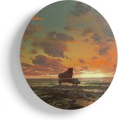 Artaza Houten Muurcirkel - Piano op het Strand bij Zonsondergang - Ø 45 cm - Klein - Multiplex Wandcirkel - Rond Schilderij