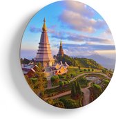 Artaza Houten Muurcirkel - Pagode Tempels in de Inthanon Berg in Thailand - Ø 45 cm - Klein - Multiplex Wandcirkel - Rond Schilderij