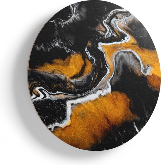 Artaza Houten Muurcirkel - Abstracte Kunst van Zwarte Gouden Verf - Ø 60 cm - Multiplex Wandcirkel - Rond Schilderij