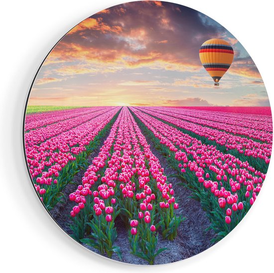 Artaza Dibond Muurcirkel Bloemenveld Met Roze Tulpen - Luchtballon - Ø 70 cm - Wandcirkel - Rond Schilderij - Voor Binnen en Buiten