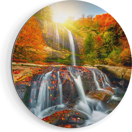 Artaza Dibond Muurcirkel Waterval In De Herfst Kleuren - Ø 40 cm - Klein - Wandcirkel - Rond Schilderij - Voor Binnen en Buiten