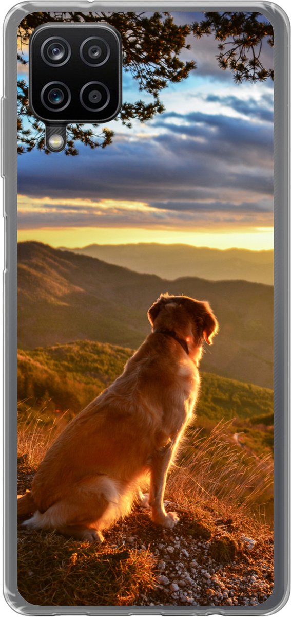 Telefoonhoesje Geschikt voor Samsung Galaxy A12 hoesje - Een Golden Retriever kijkend naar de zonsondergang - Siliconen Telefoonhoesje Telefoonhoesje