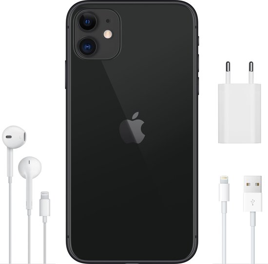 Zwarte iPhone 11 met accessoires: oortjes, oplaadkabel, adapter.
