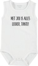 Baby Rompertje met tekst 'Met jou is alles leuker tante' | mouwloos l | wit zwart | maat 62/68 | cadeau | Kraamcadeau | Kraamkado