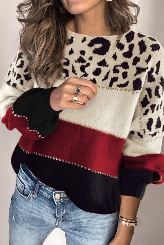 Gebreide Sweater Trui Dames - Colorblock Luipaard Rood - Thekla - Maat S |  bol.com