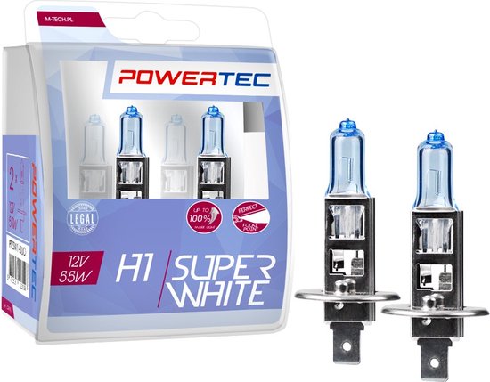 Verpakking met twee Powertec H1 12V 55W Super White halogeenlampen met blauwe gloeilamp.