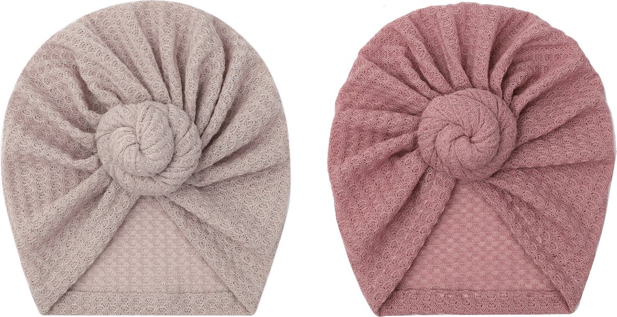 2 Stuks - Meisjes Babymutsjes Tulband Krul - Roze Taupe - 3-12 mnd