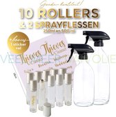 Rollerflesjes dik glas 10 ml leeg 10 stuks – Transparant -Essentiële olie roller - Rollerflesje - Parfumroller - Roll-on fles - Rvs bal + 1 x Sprayflacon 250 ml
