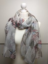 Lange dames sjaal Mylene bladerenmotief grijs roze bruin blauw wit