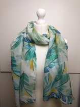 Lange dames sjaal Mylene bladerenmotief groen geel blauw zwart wit