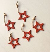 Houten kersthanger kerstboomhanger hanger kerstdecoratie rode ster read star 5 stuks