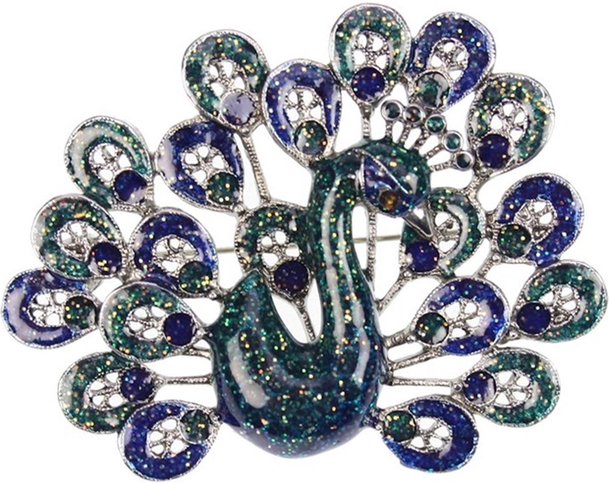 Broche Pauw groen/blauw/zilverkl. 5,6x1,5x4,5cm