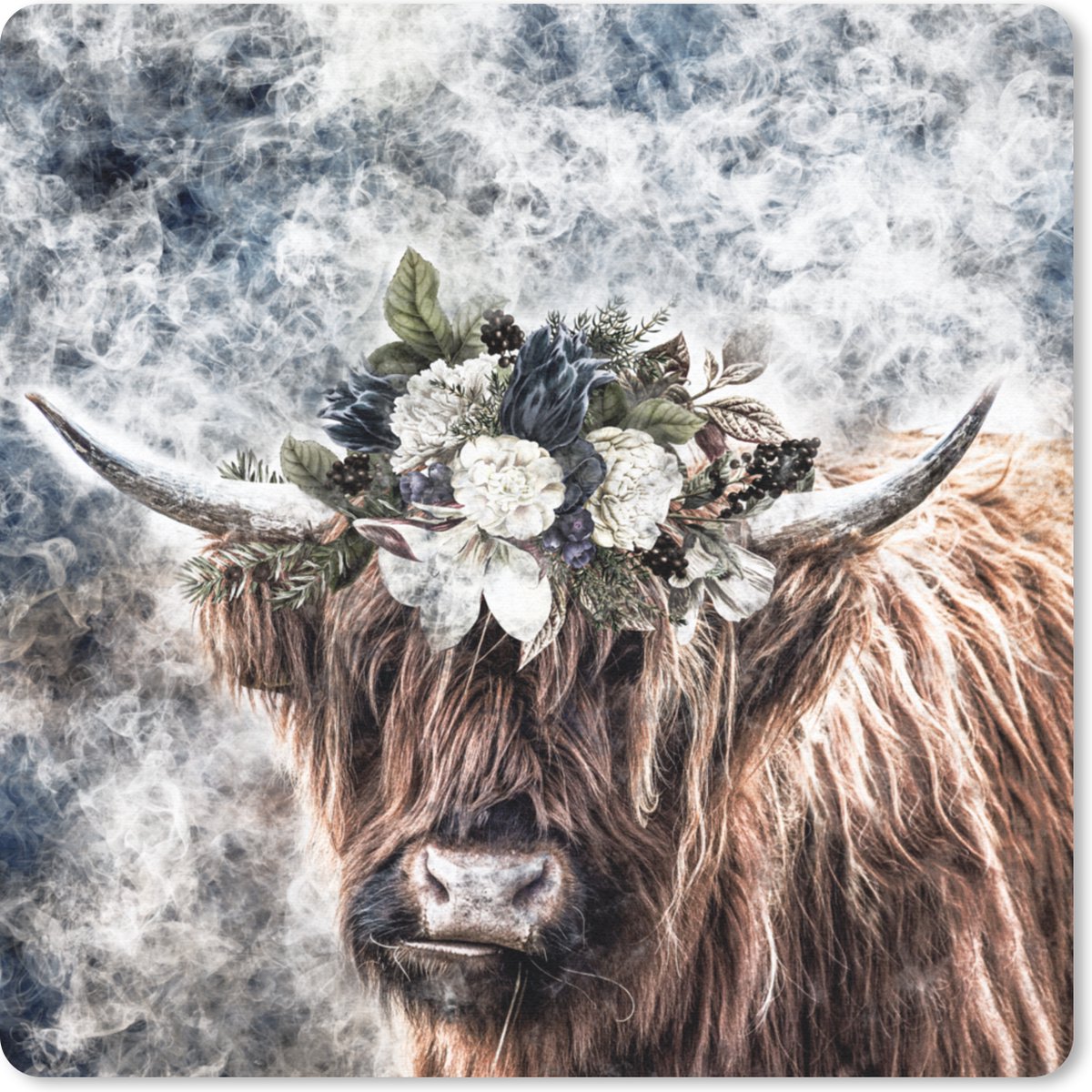 Muismat 30x30 cm - Mousepad Schotse hooglander - Dieren - Bloemen - Muismatten