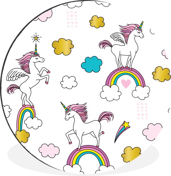 WallCircle - Wandcirkel - Muurcirkel - Een illustratie van eenhoorns op regenbogen - Meisjes - Kinderen - Kids - Aluminium - Dibond - ⌀ 60 cm - Binnen en Buiten