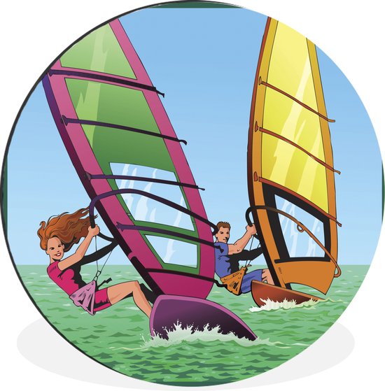 WallCircle - Wandcirkel - Muurcirkel - Een illustratie van twee mensen die aan het windsurfen zijn - Aluminium - Dibond - ⌀ 90 cm - Binnen en Buiten