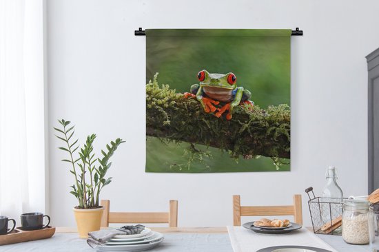 Tenture murale - Tissu mural - Grenouille aux yeux rouges sur une branche couverte - 90x90 cm - Tapisserie murale