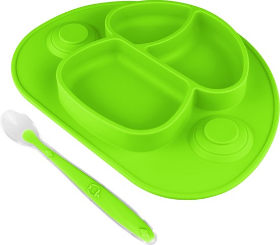 Set de table pour enfants - assiette - vaisselle bébé - cuillère incluse - 2 ventouses - antidérapant - vert