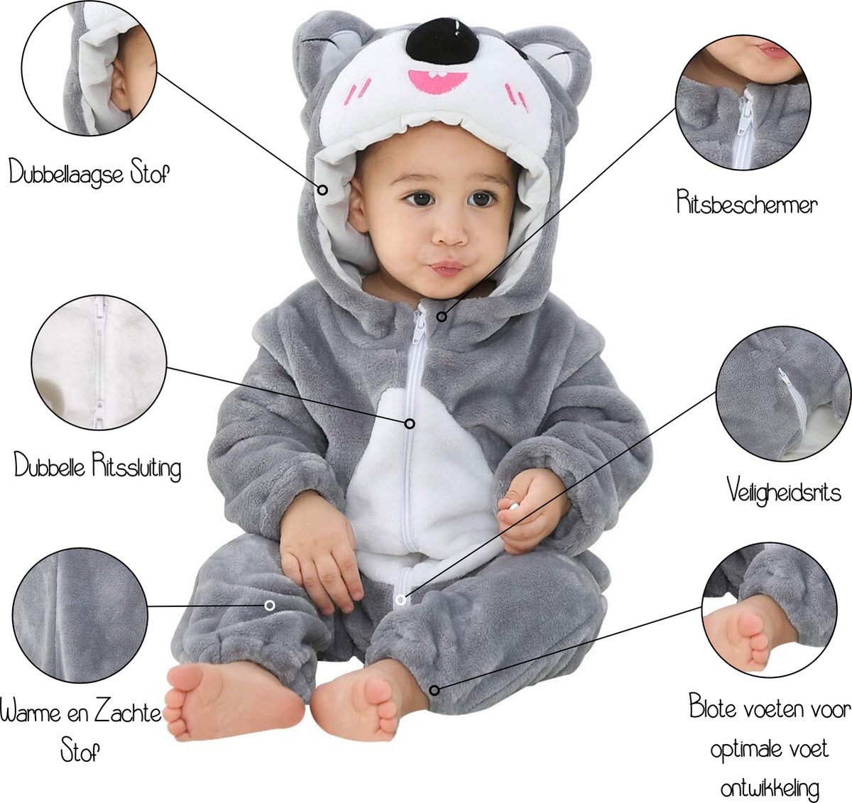 JAXY Baby Onesie - Baby Rompertjes - Baby Pyjama - Baby Pakje - Baby Verkleedkleding - Baby Kostuum - Baby Winterpak - Baby Romper - Baby Skipak - Baby Carnavalskleding - EU (label 90) - Koala — afbeelding 6