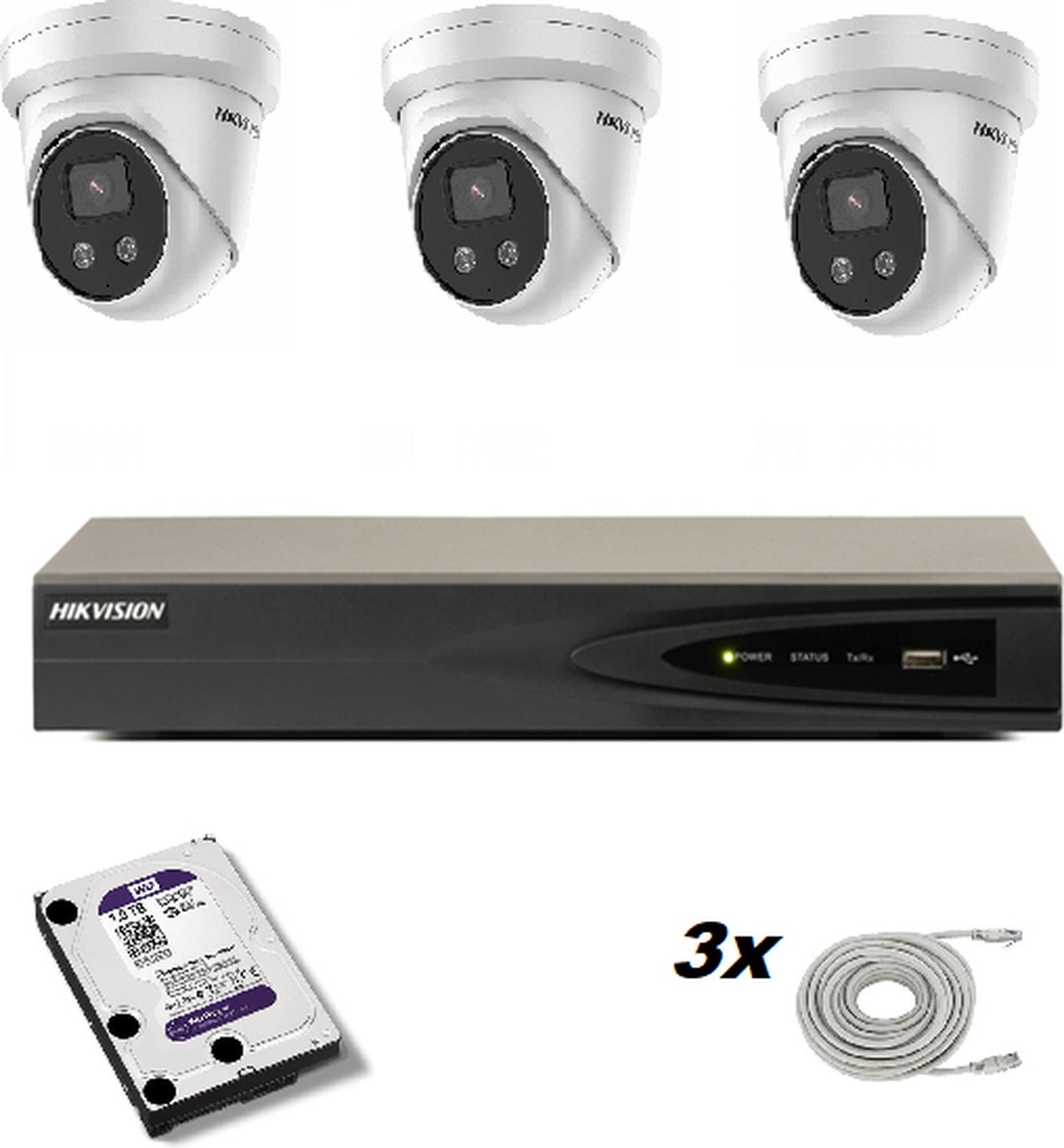 Hikvision set met 3 x DS-2CD2346G2-I 4mp 2.8mm Ultra Low Light turretcamera’s, 1 x 4 kanaals DS-7604NI-K1/4P recorder, 1 x HD van 1 TB