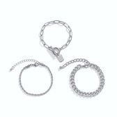 ICYBOY 18K Punk Set 3 Stuks Armband Met Vintage Naamplaat Pendant Verguld Zilver [SILVER-PLATED] [3 armbanden] - Bracelet Set Stacking Oval Link Chain Bracelet