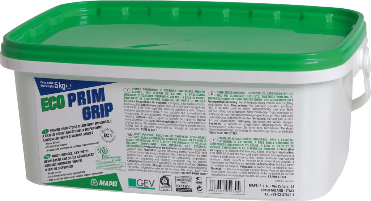 Mapei Eco Prim Grip Plus Primer - Grondverf - Gebruiksklaar & Hechtingsbevorderend - Binnen & Buiten - Grijs - 5 kg