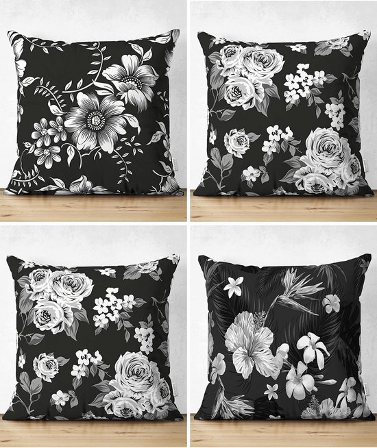 Coussins décoratifs lot de 4 pièces - COUSSINS INTÉRIEURS COMPRIS - fleurs - noir - blanc - gris - 43x43cm - imprimé double face - taie d'oreiller - oreillers salon - housse de coussin