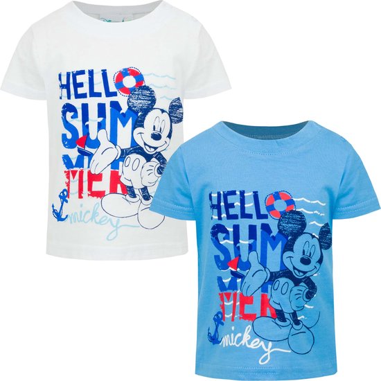 Disney Mickey Mouse Baby T-shirt - Set van 2 stuks - Wit + Blauw - Maat 80 (tot 18 maanden)