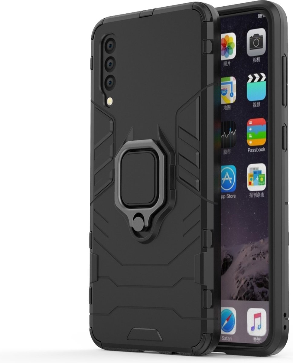 Mobigear Hoesje geschikt voor Samsung Galaxy A50 Telefoonhoesje Hardcase | Mobigear Armor Ring Backcover Shockproof met Ringhouder | Schokbestendig Galaxy A50 Telefoonhoesje | Anti Shock Proof - Zwart