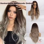 Donkerbruin Ashblonde - Ombré Kleur - Pruiken Dames - Wig - One-Size Verstelbaar - Lang Golvend Haar - 70 cm