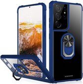 Samsung S21 Ultra hoesje - Premium Shock Proof hoesje transparant Blauw randen backcover case met kickstand - Samsung Galaxy S21 Ultra hoesje met Ring houder / Ring vinger houder /