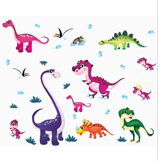 Un ensemble d'autocollants muraux de dessins animés avec divers dinosaures aux couleurs vives, notamment rose, vert, violet et orange. Aussi des animaux volants et des plantes.