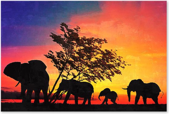 Graphic Message - Schilderij op Canvas - Olifanten Zonsondergang - Olifant Silhouette - Woonkamer