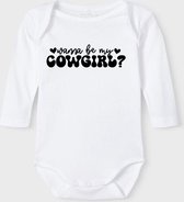 Baby Rompertje met tekst 'Wanna be my cowgirl?' | Lange mouw l | wit zwart | maat 62/68 | cadeau | Kraamcadeau | Kraamkado