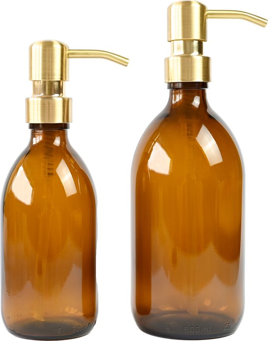 Groeikruid® Zeeppompjes Set | Zeepdispensers | Vrijstaand en Hervulbaar | 300 ml + 500 ml | Amber glas | RVS pompkop | Goud