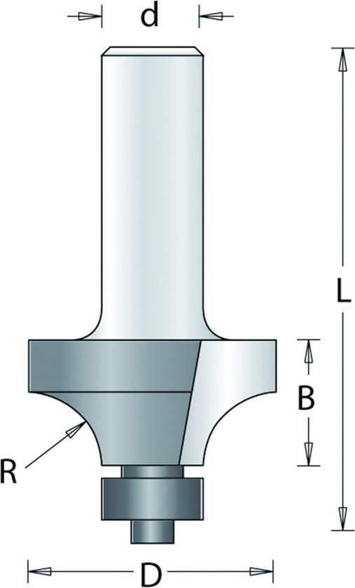 Afbeelding met afmetingen van een afrondfrees. L, D, d, B, R zijn de afmetingen.