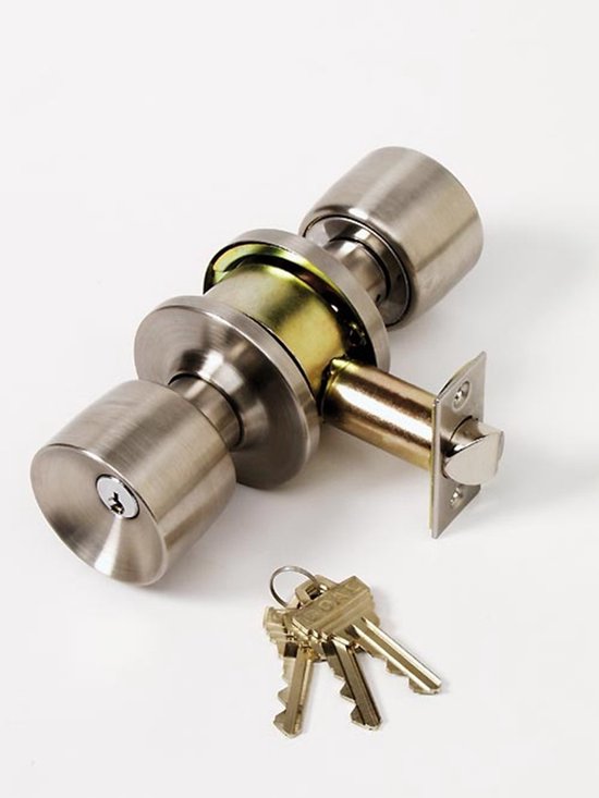 Rvs deurknop met gouden details en 3 sleutels.
