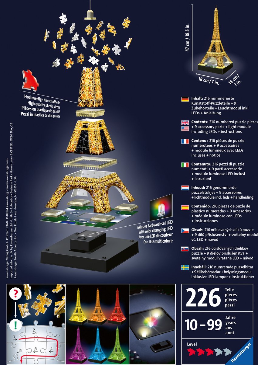Ravensburger Eiffeltoren Night Edition- 3D puzzel gebouw - 216 stukjes |  bol.com