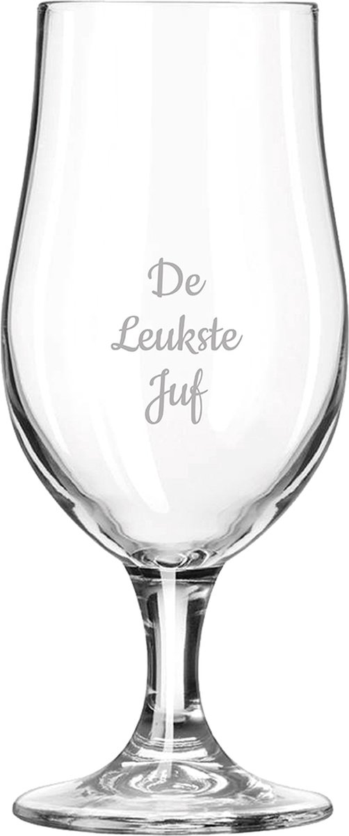 Gegraveerde bierglas op voet 49cl De Leukste Juf