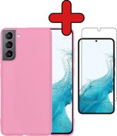 Hoesje Geschikt voor Samsung S22 Hoesje Siliconen Case Hoes Met Screenprotector - Hoes Geschikt voor Samsung Galaxy S22 Hoes Cover Case - Lichtroze