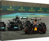 MALNINK™ Foto op canvas Max Verstappen - "Max vs Hamilton" - Inclusief ophangset - Stevig houten frame - 120 x 80 cm